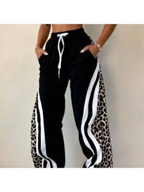 Black Casual Women's Striped Drawstring Pocket Pants